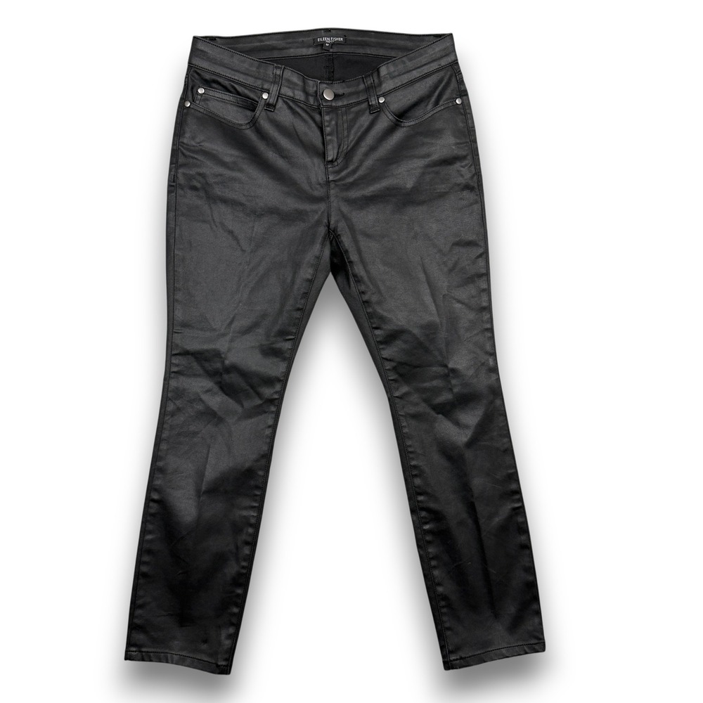 Eileen Fisher Coated Denim Pants Women‎ 6P Black Slim Leg Organic Cotton